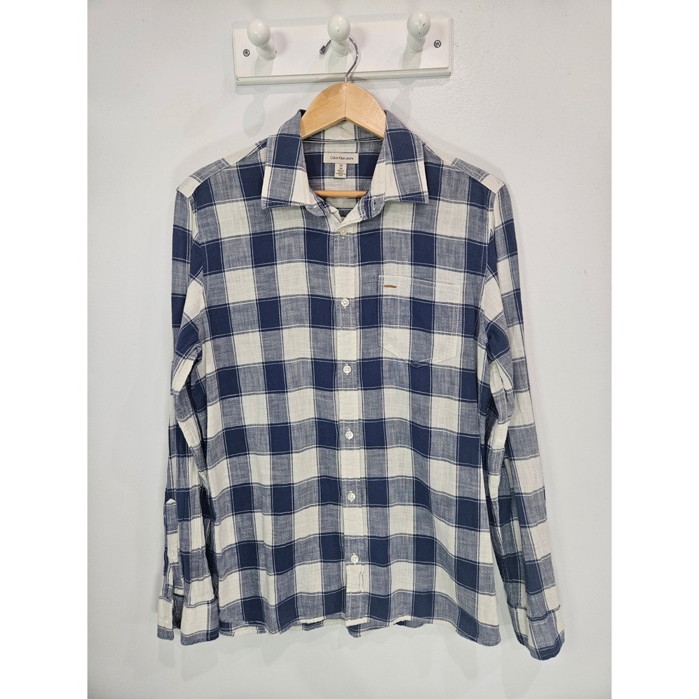 Calvin Klein Jeans Mens Medium Blue White Plaid Cotton Button Down Shirt M